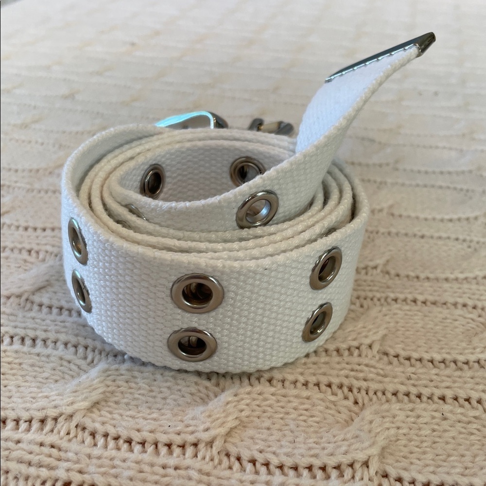 36-42” white belt. Cotton woven metal grommets moto biker motorcycle silver tone - Picture 9 of 9